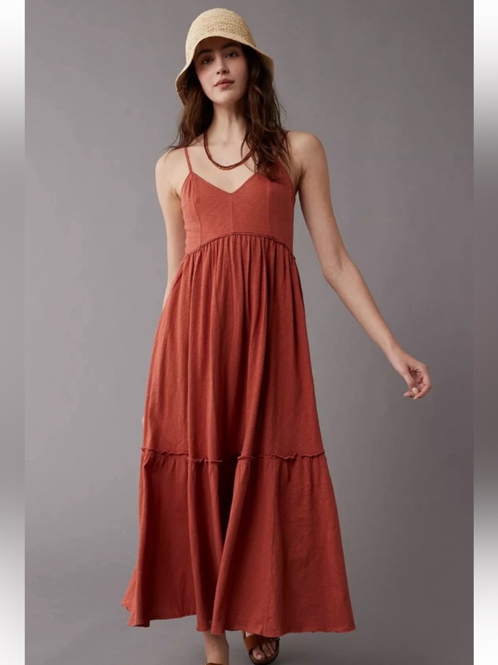 American Eagle Cotton Tiered V-Neck Midi Dress in L Terracotta NWT